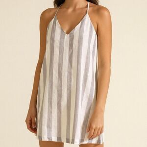 Allie Rose S Cream Gray Stripe Linen Dress NWT Coastal Boardwalk Preppy Boho